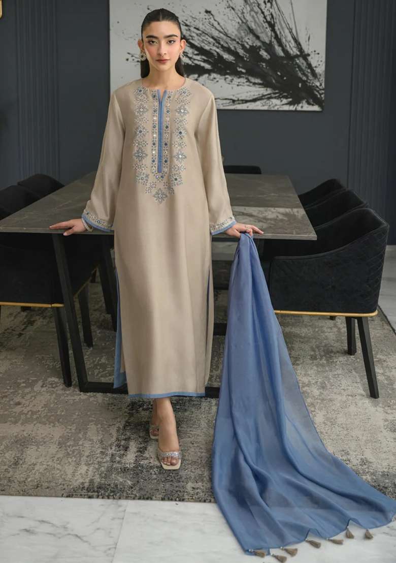 Beige Thread Work Silk Kurta Set - Indya