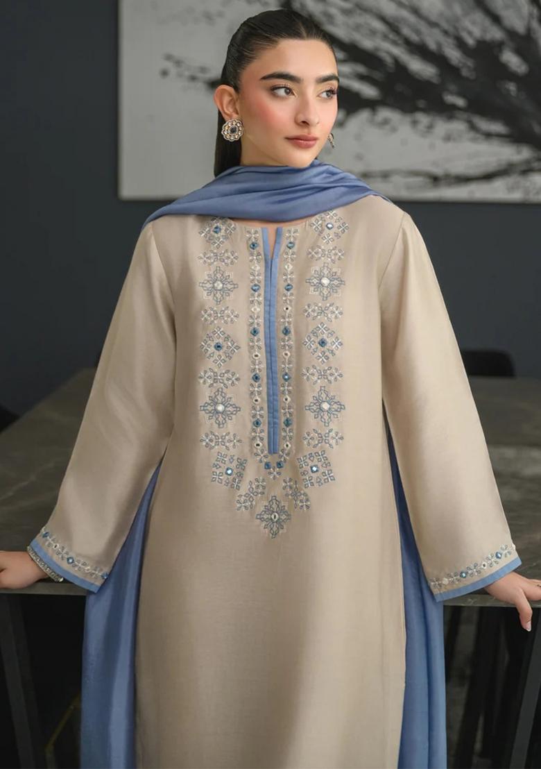 Beige Thread Work Silk Kurta Set - Indya