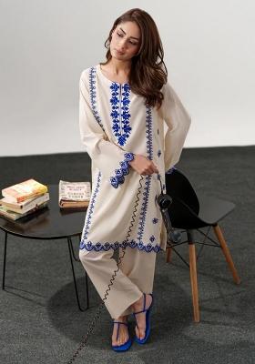 Cream Thread Work Silk Kurta Set