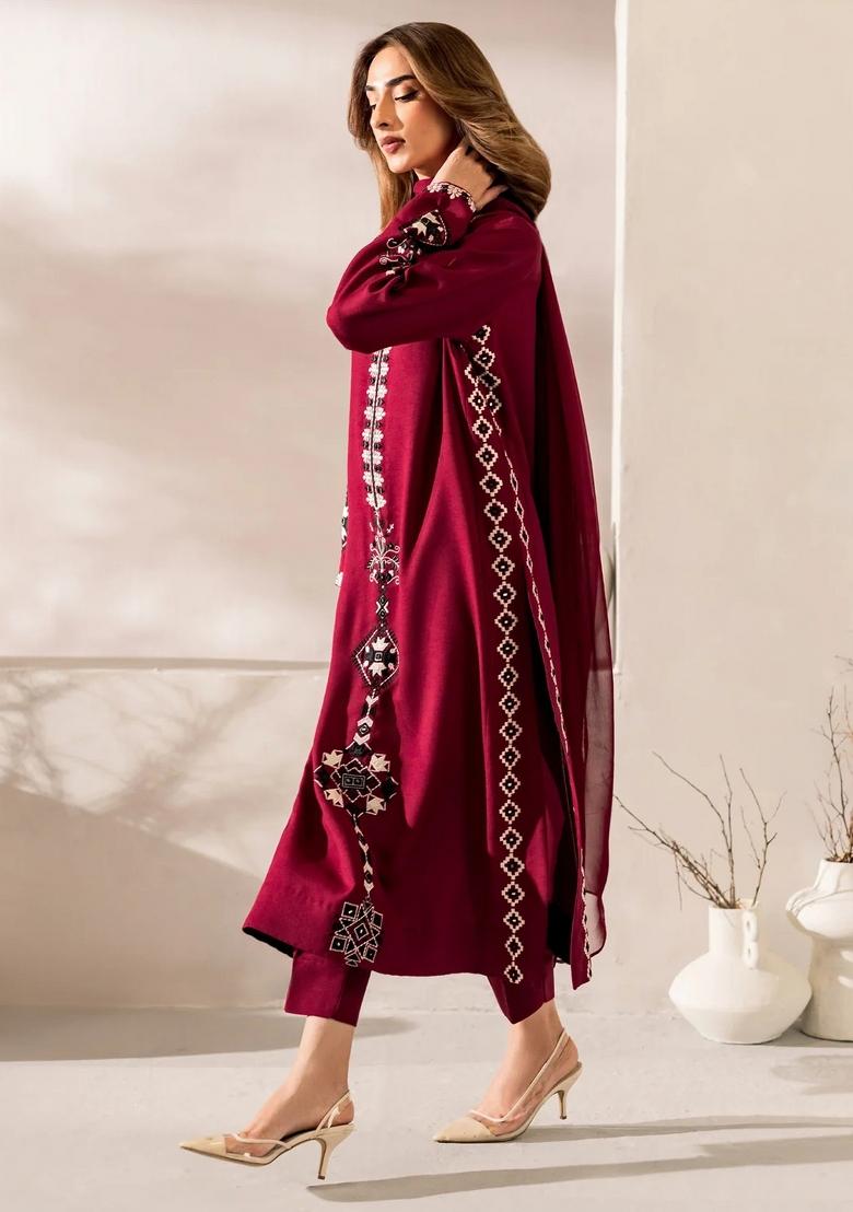 Red Thread Work Silk Kurta Set - Indya