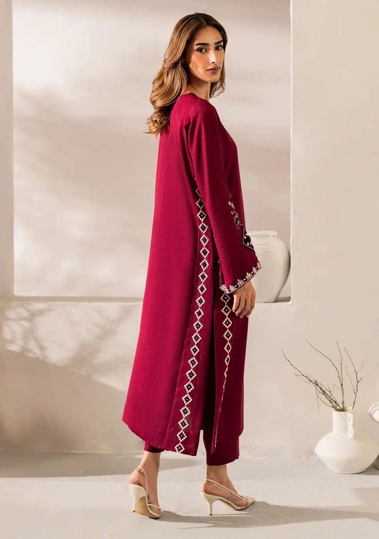 Red Thread Work Silk Kurta Set - Indya