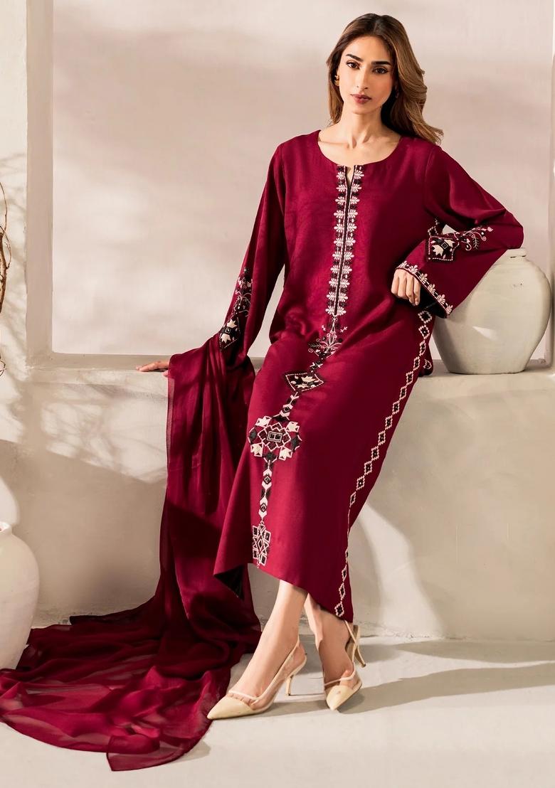 Red Thread Work Silk Kurta Set - Indya