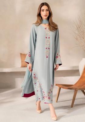 Sky Blue Thread Work Silk Kurta Set