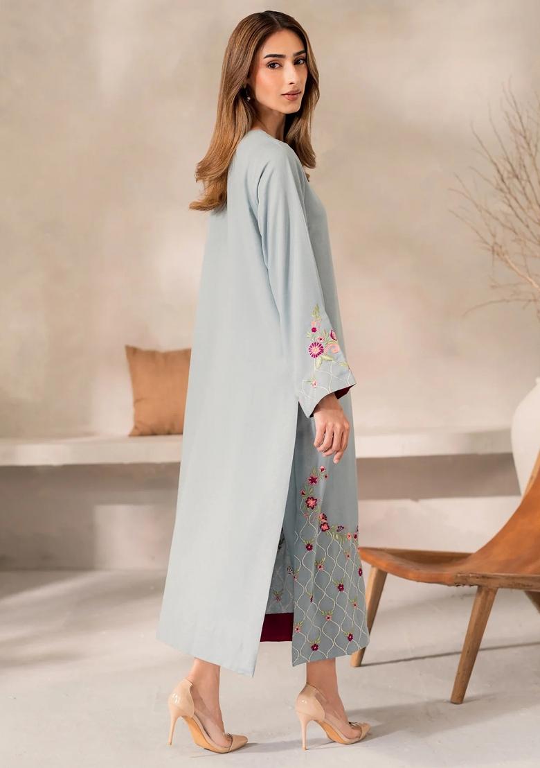 Sky Blue Thread Work Silk Kurta Set - Indya