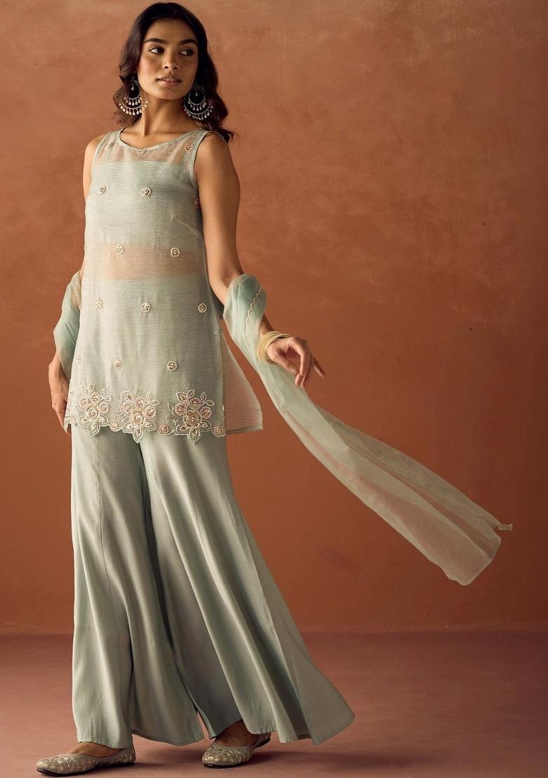 Light Green Beads Work Kurta Set - Indya