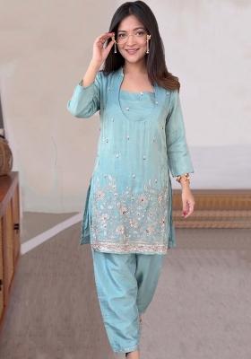 Sky Blue Thread Work Silk Kurta Set