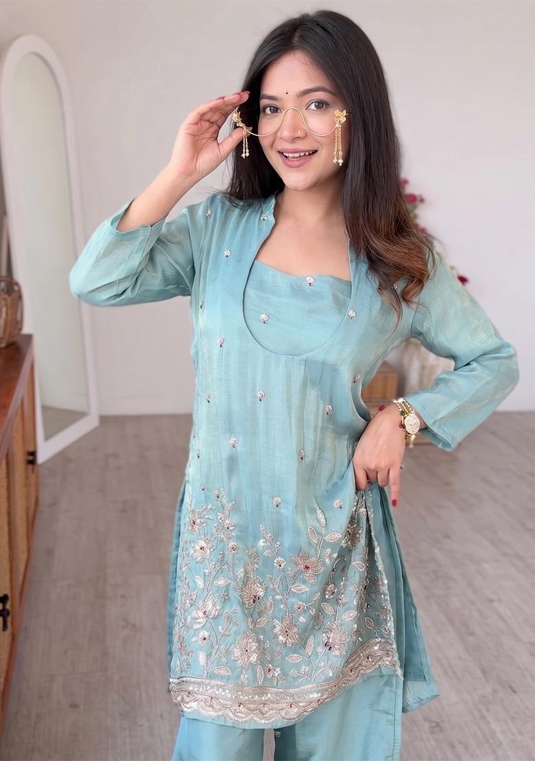 Sky Blue Thread Work Silk Kurta Set - Indya