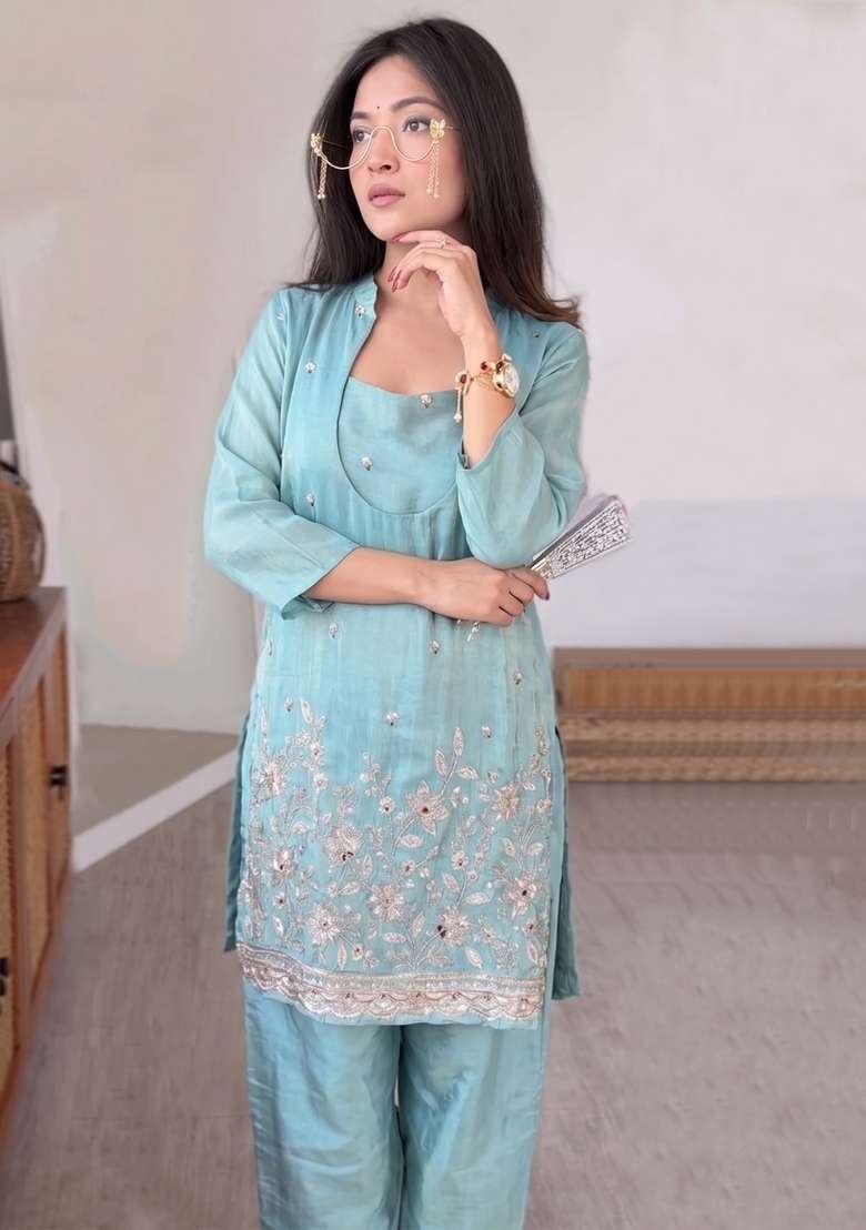 Sky Blue Thread Work Silk Kurta Set - Indya