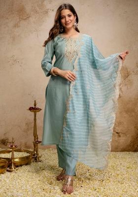 Sea Green Thread Work Silk Kurta Set