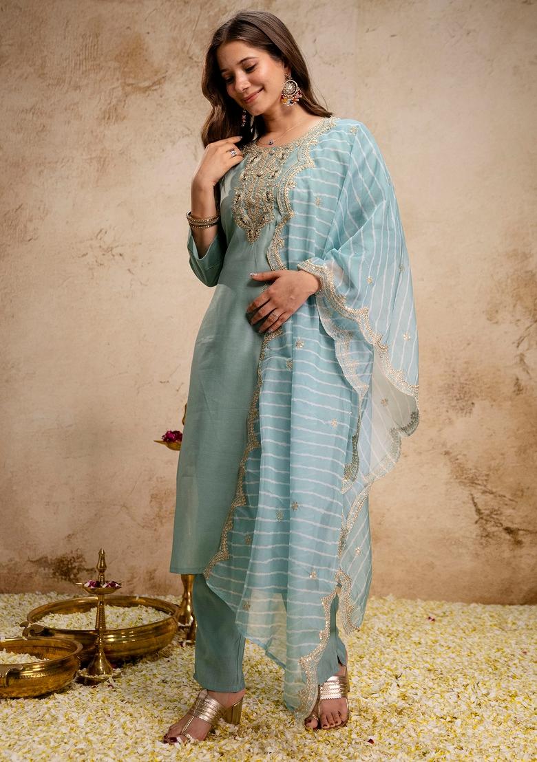 Sea Green Thread Work Silk Kurta Set - Indya
