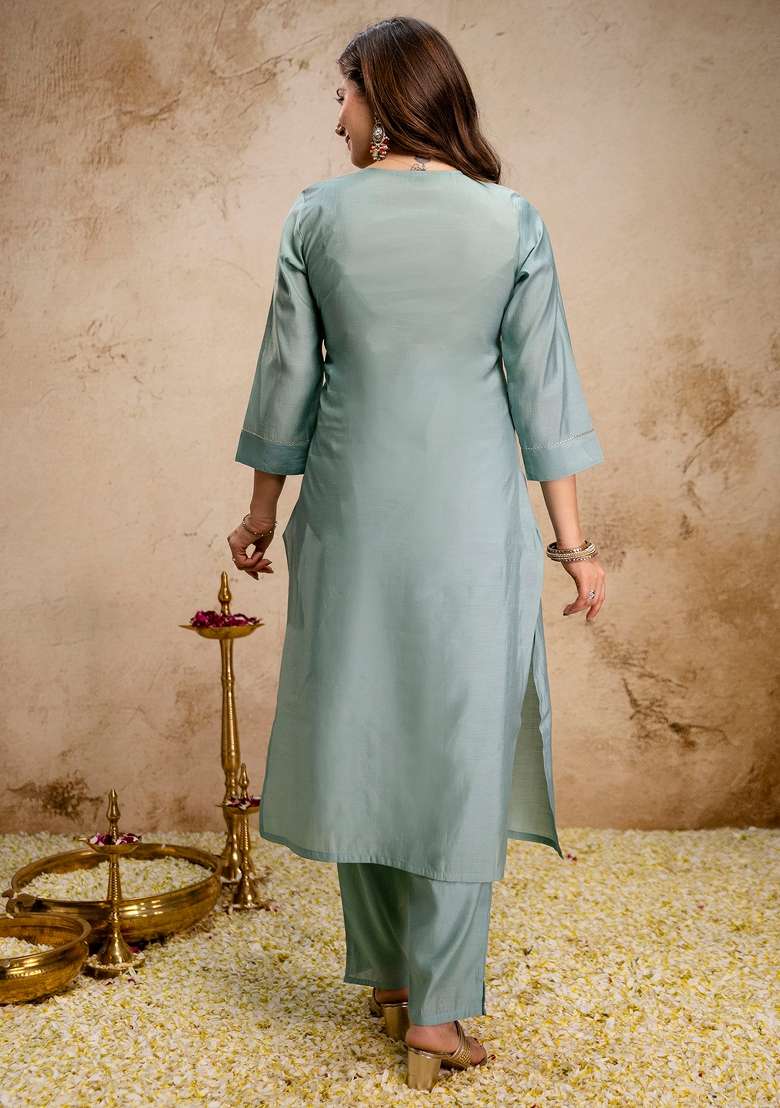 Sea Green Thread Work Silk Kurta Set - Indya