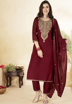 Maroon Thread Work Silk Kurta Set