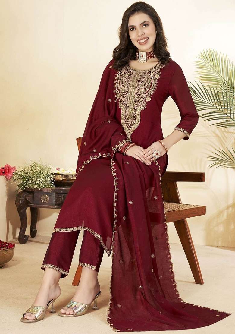 Maroon Thread Work Silk Kurta Set - Indya