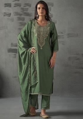 Green Thread Work Silk Kurta Set