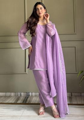 Lavender Zardosi Work Silk Kurta Set
