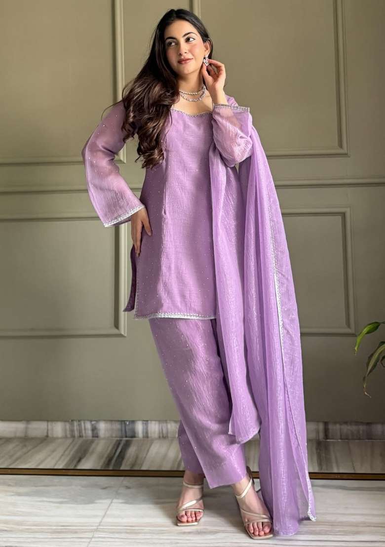 Lavender Zardosi Work Silk Kurta Set - Indya