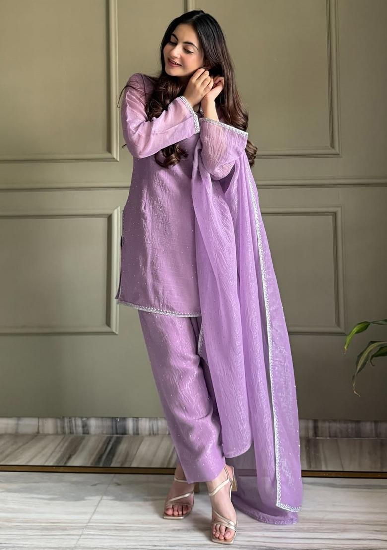 Lavender Zardosi Work Silk Kurta Set - Indya