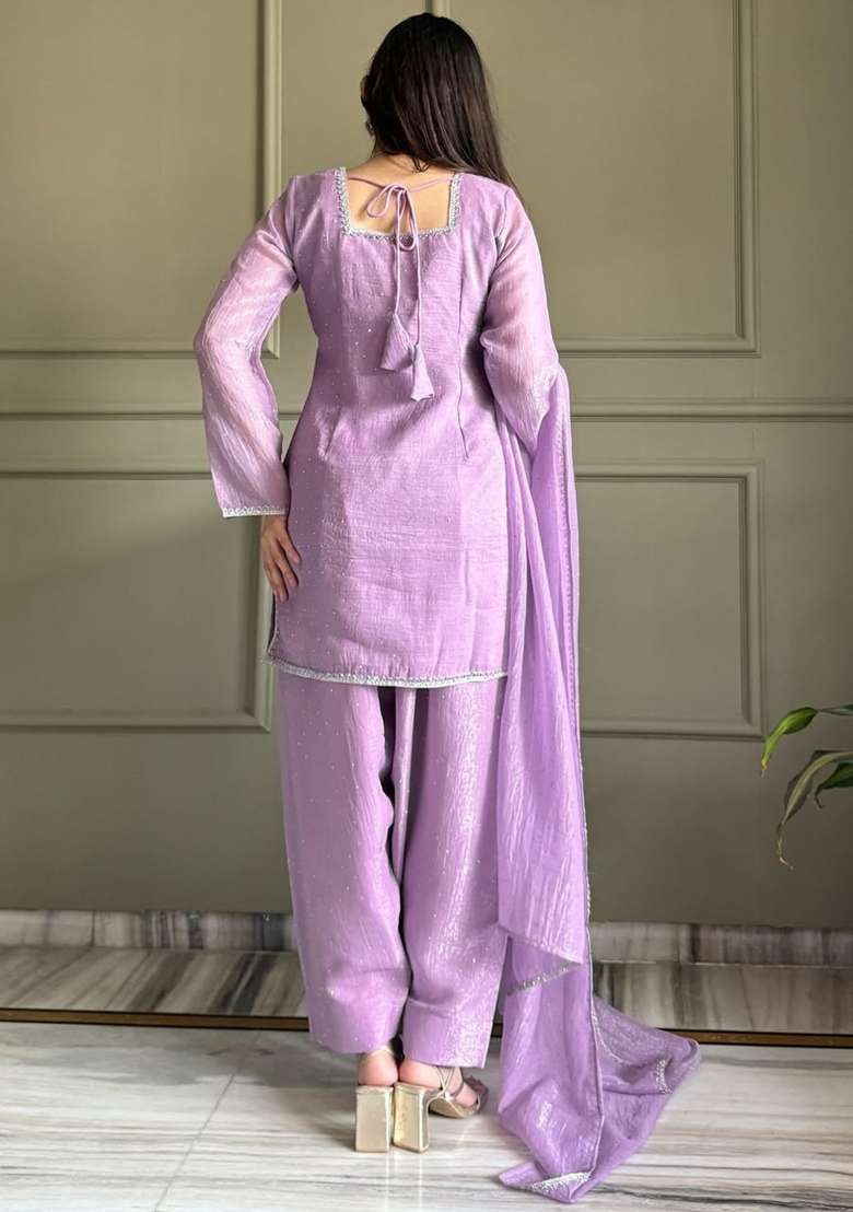 Lavender Zardosi Work Silk Kurta Set - Indya