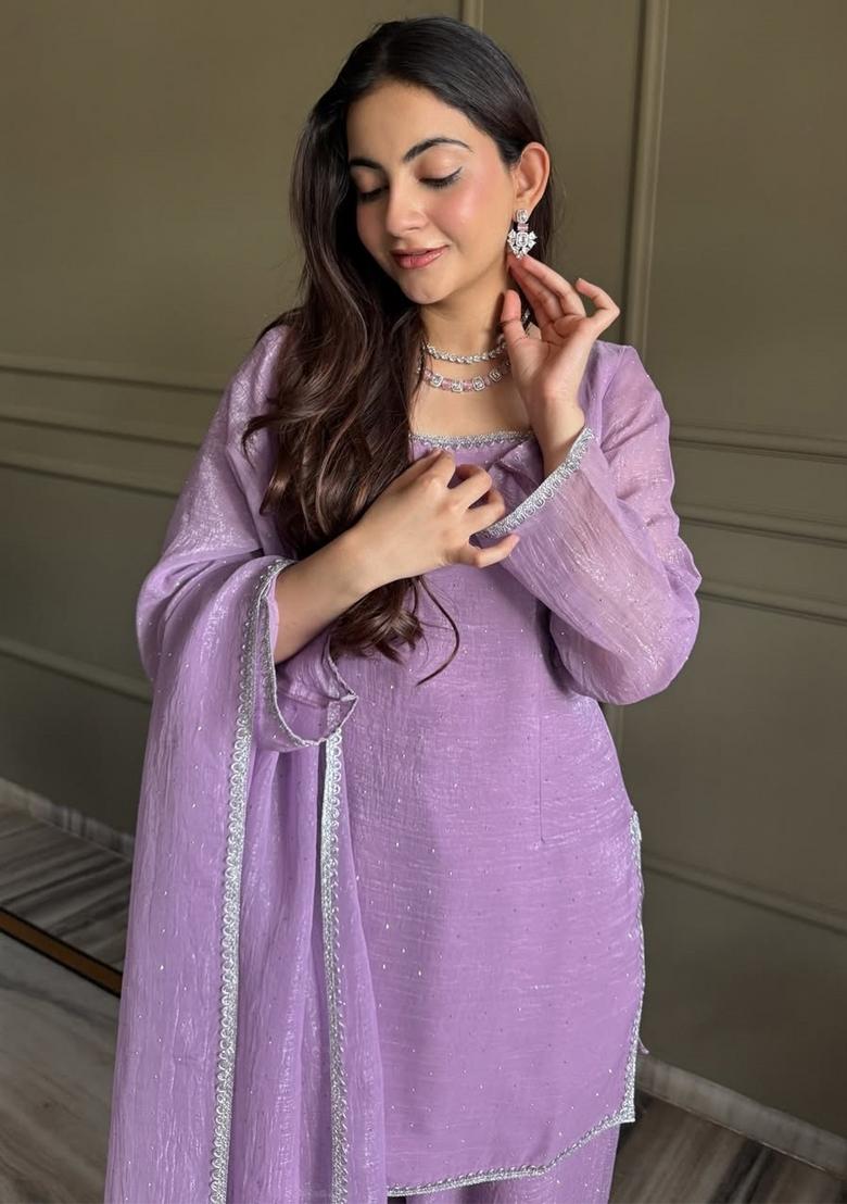 Lavender Zardosi Work Silk Kurta Set - Indya