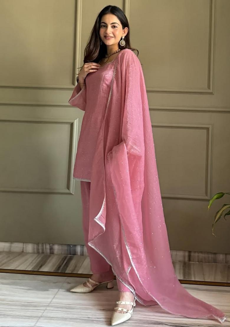 Pink Zardosi Work Silk Kurta Set - Indya