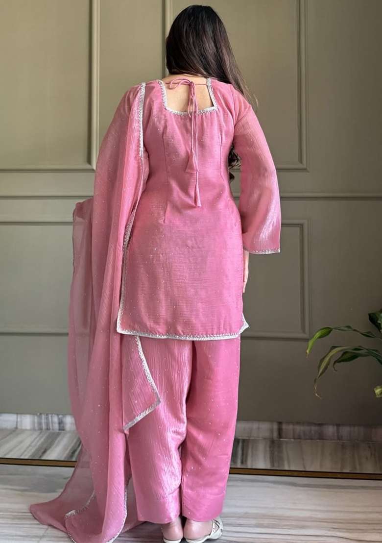 Pink Zardosi Work Silk Kurta Set - Indya