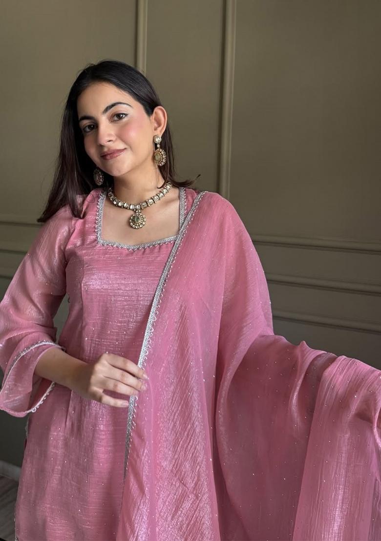 Pink Zardosi Work Silk Kurta Set - Indya