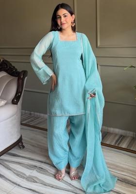 Sky Blue Zardosi Work Silk Kurta Set