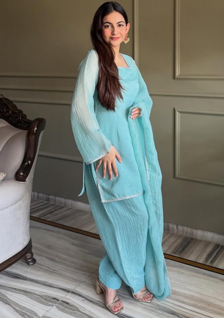 Sky Blue Zardosi Work Silk Kurta Set - Indya