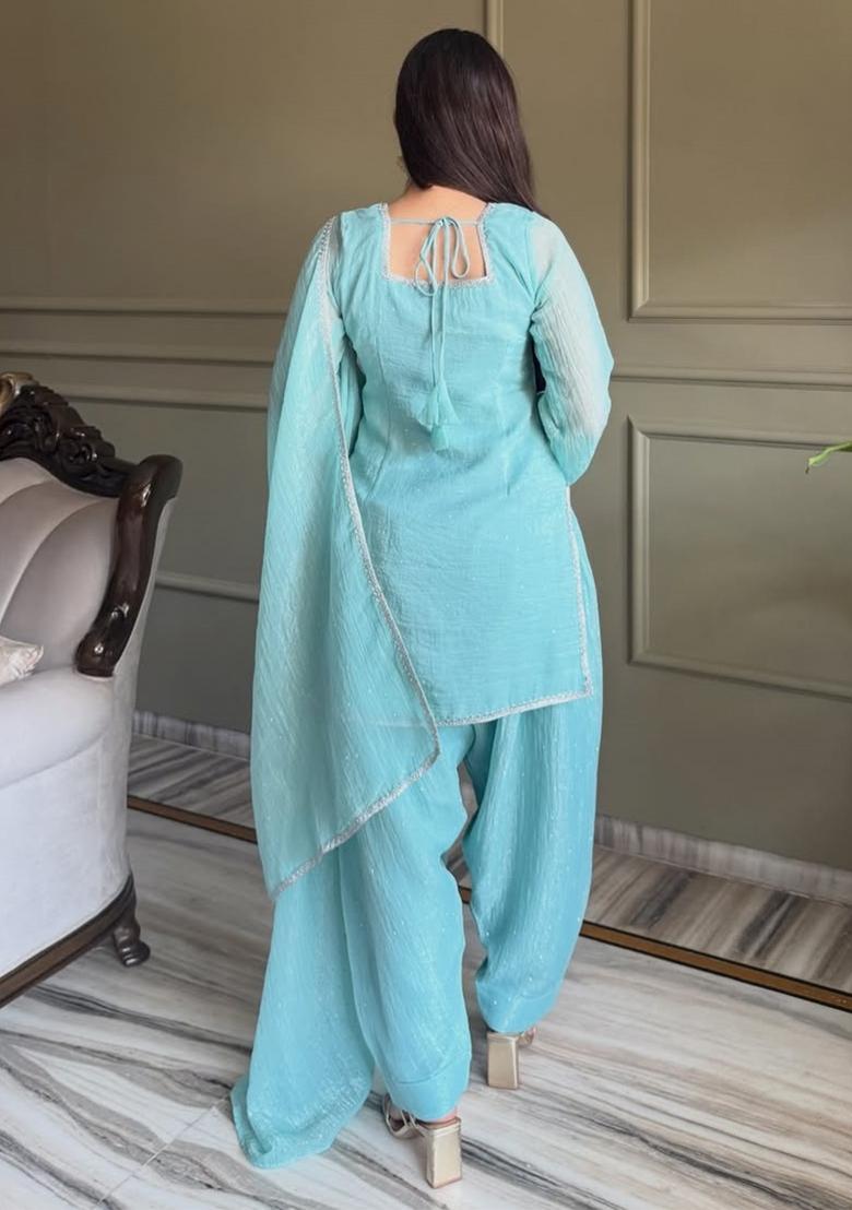 Sky Blue Zardosi Work Silk Kurta Set - Indya