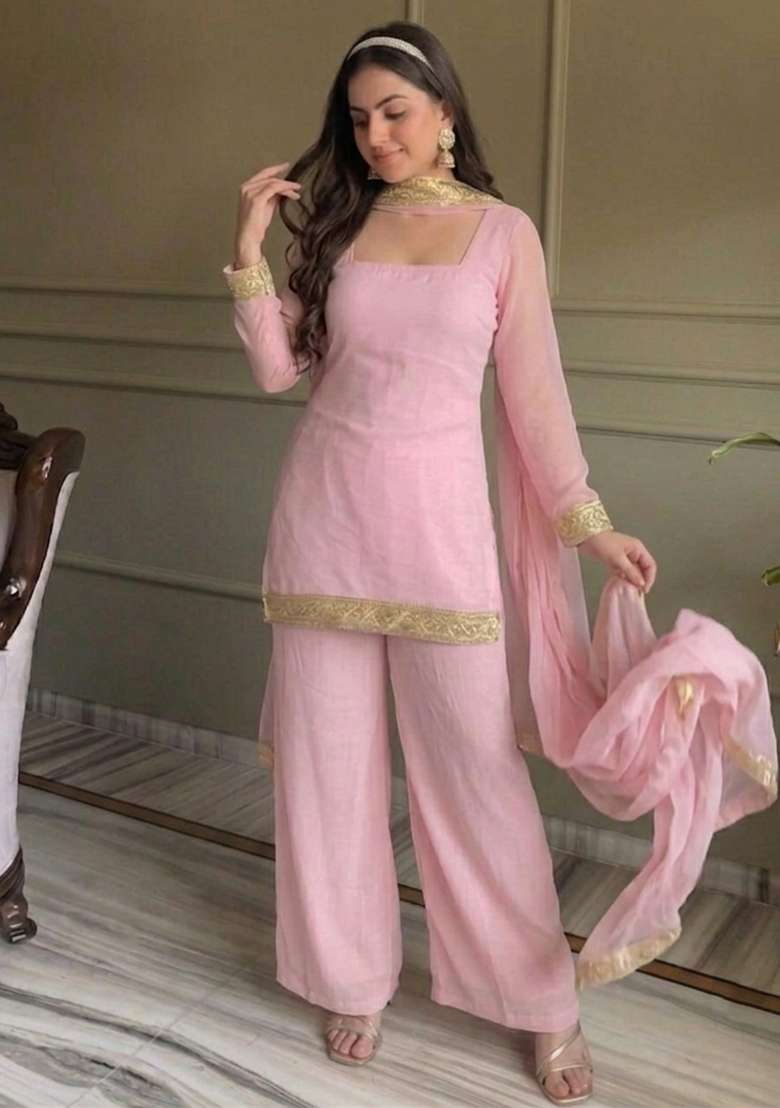 Pink Thread Work Georgette Kurta Set - Indya