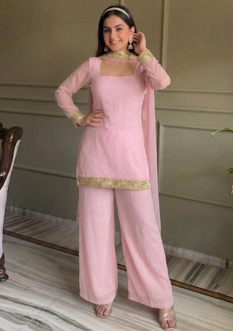 Pink Thread Work Georgette Kurta Set - Indya