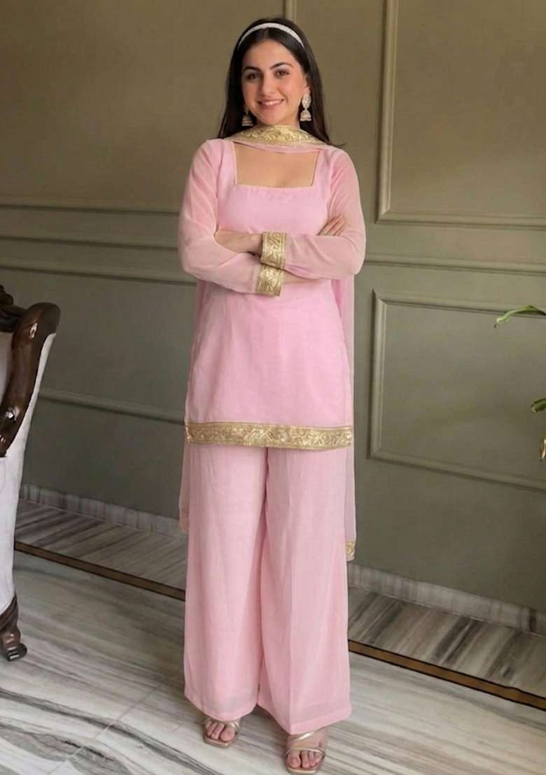 Pink Thread Work Georgette Kurta Set - Indya