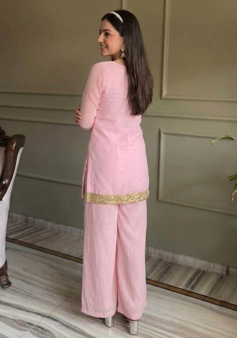 Pink Thread Work Georgette Kurta Set - Indya