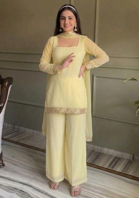 Yellow Thread Work Georgette Kurta Set