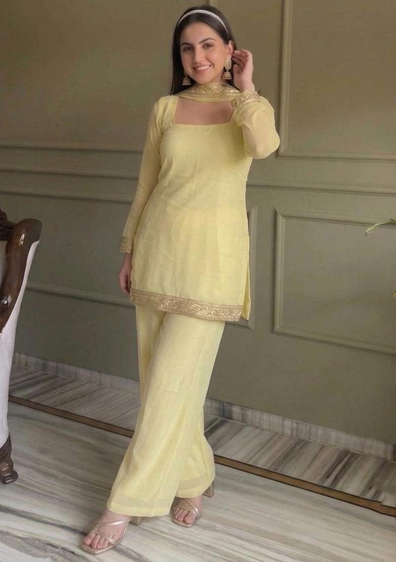 Yellow Thread Work Georgette Kurta Set - Indya