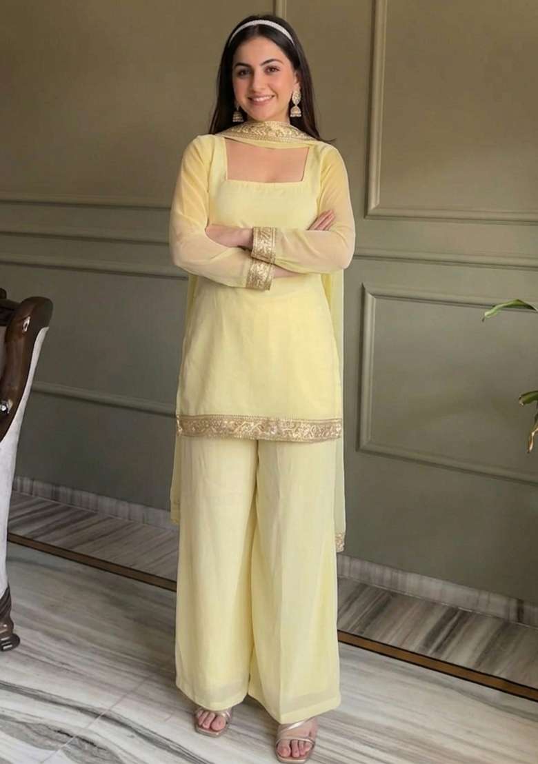 Yellow Thread Work Georgette Kurta Set - Indya