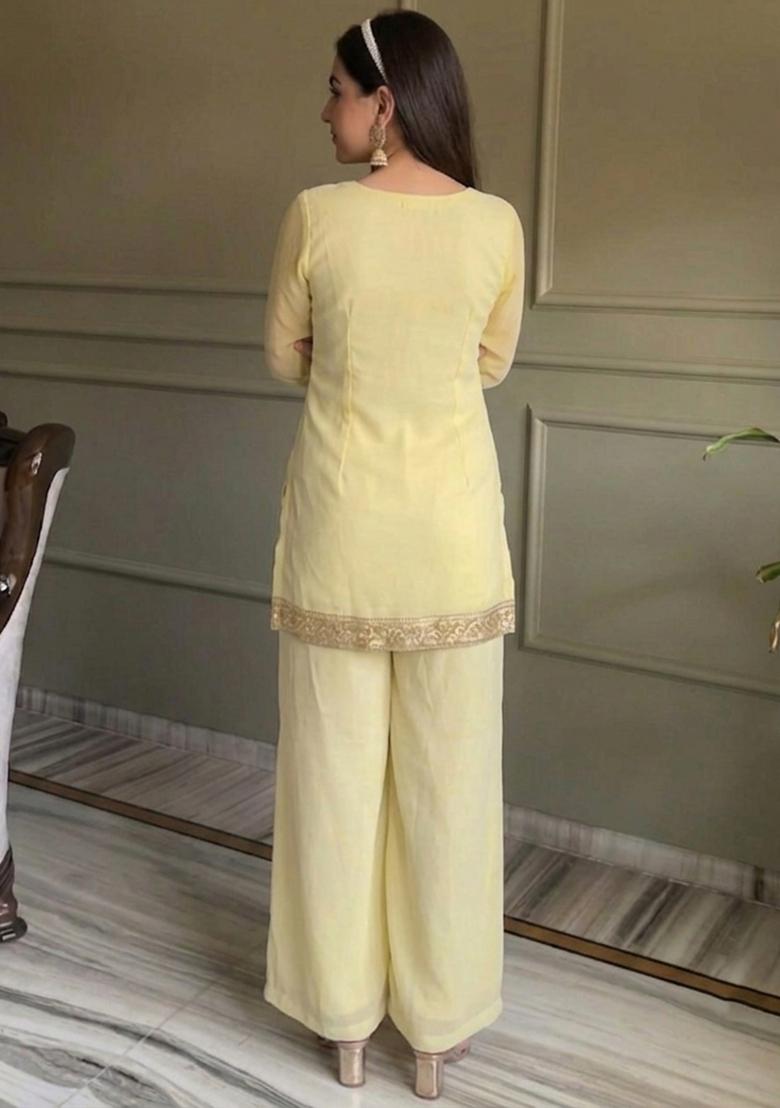 Yellow Thread Work Georgette Kurta Set - Indya