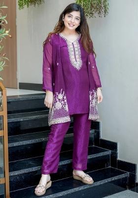 Purple Beads Work Silk Kurta Set