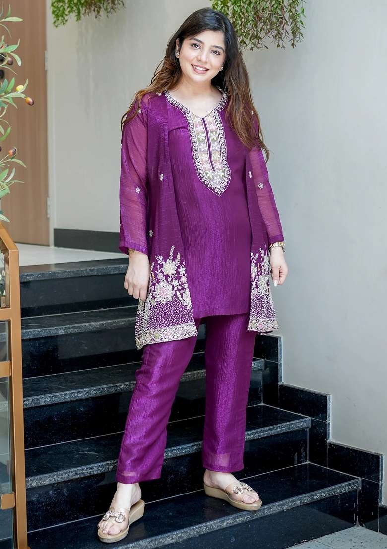 Purple Beads Work Silk Kurta Set - Indya