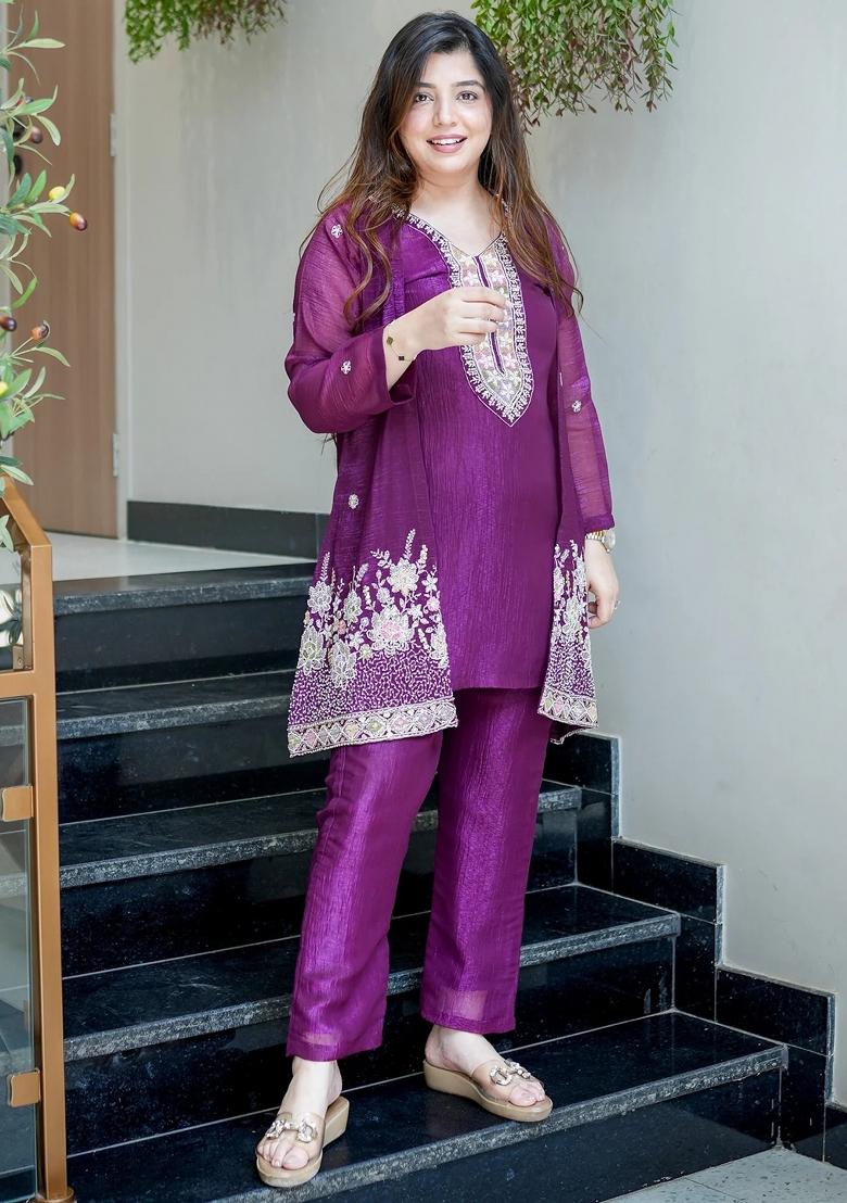 Purple Beads Work Silk Kurta Set - Indya