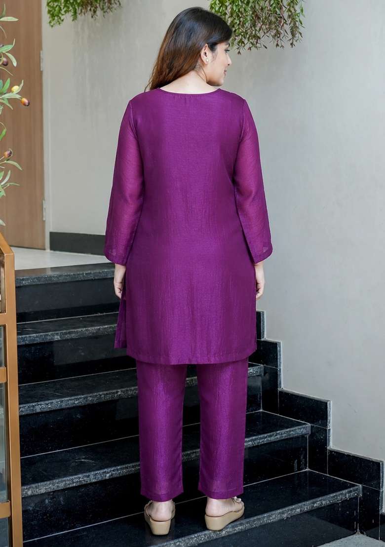 Purple Beads Work Silk Kurta Set - Indya