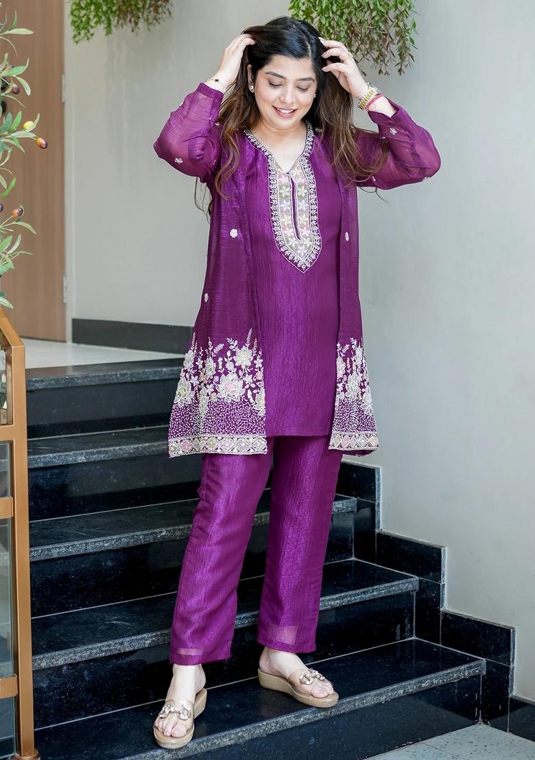Purple Beads Work Silk Kurta Set - Indya
