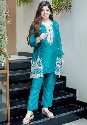 Teal Beads Work Silk Kurta Set
