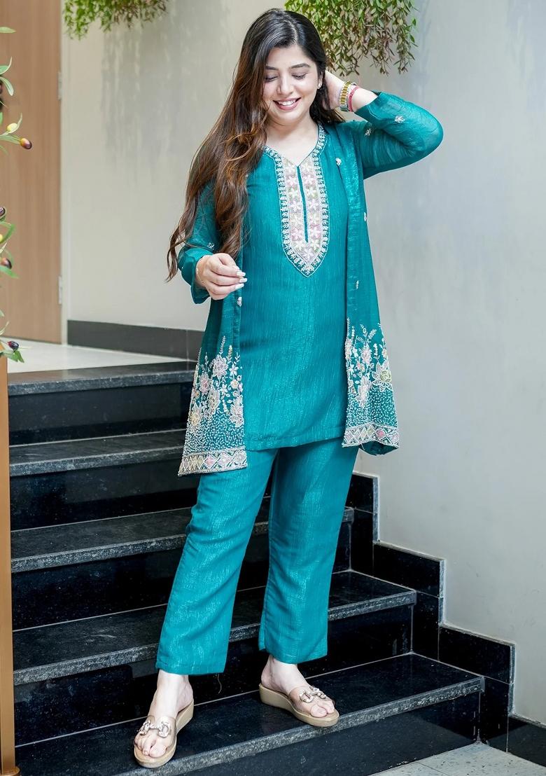 Teal Beads Work Silk Kurta Set - Indya