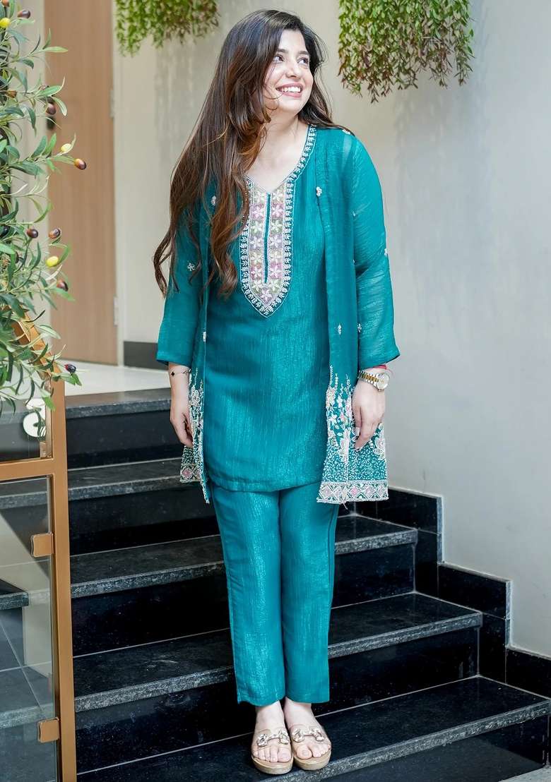 Teal Beads Work Silk Kurta Set - Indya