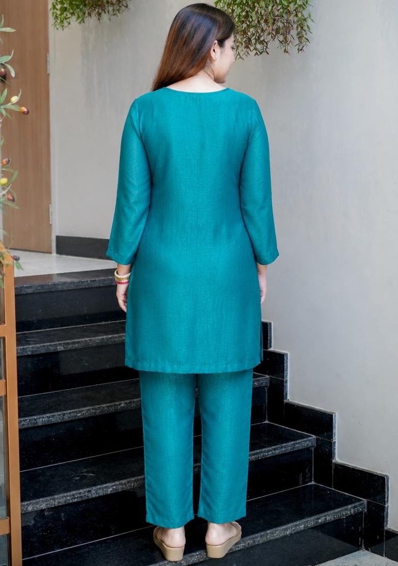 Teal Beads Work Silk Kurta Set - Indya