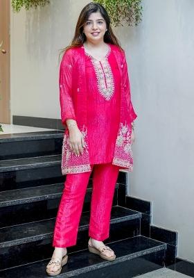 Rani Pink Beads Work Silk Kurta Set