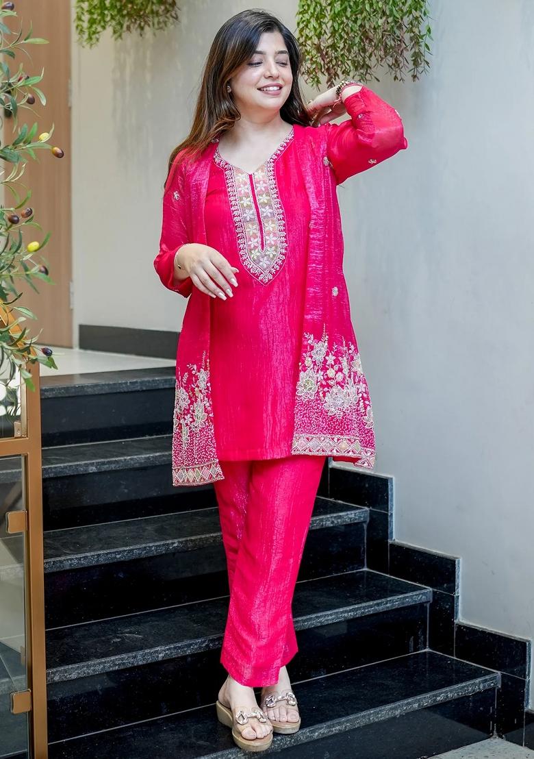Rani Pink Beads Work Silk Kurta Set - Indya