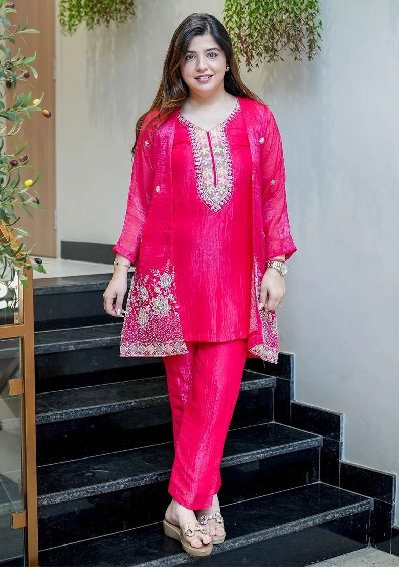Rani Pink Beads Work Silk Kurta Set - Indya