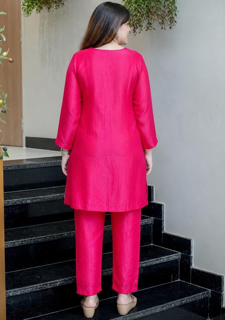 Rani Pink Beads Work Silk Kurta Set - Indya